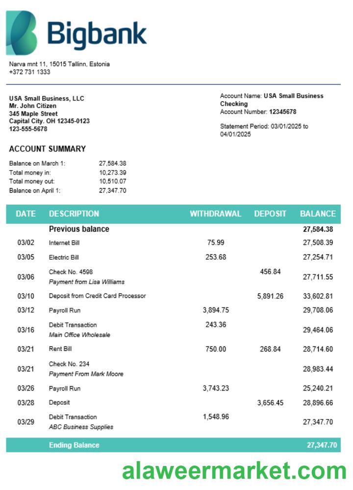 Bigbank firm account statement Word and PDF template